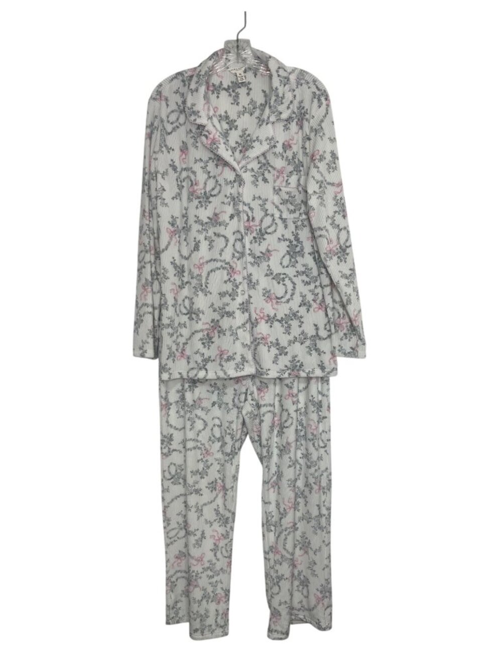 Laura Ashley Floral Print Pajama Set XL Gray Pink Long Sleeve Button Down